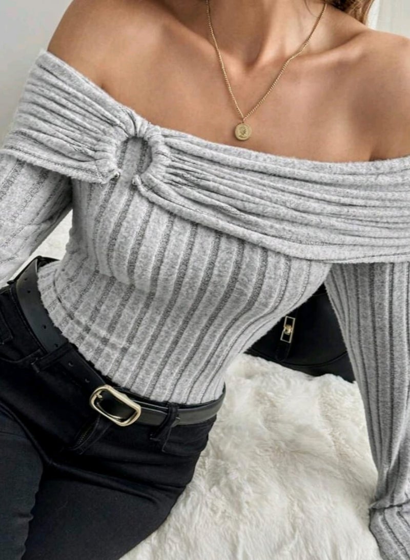توب شى ان للنساء باكمام كتف مفتوح رمادى - Image 3