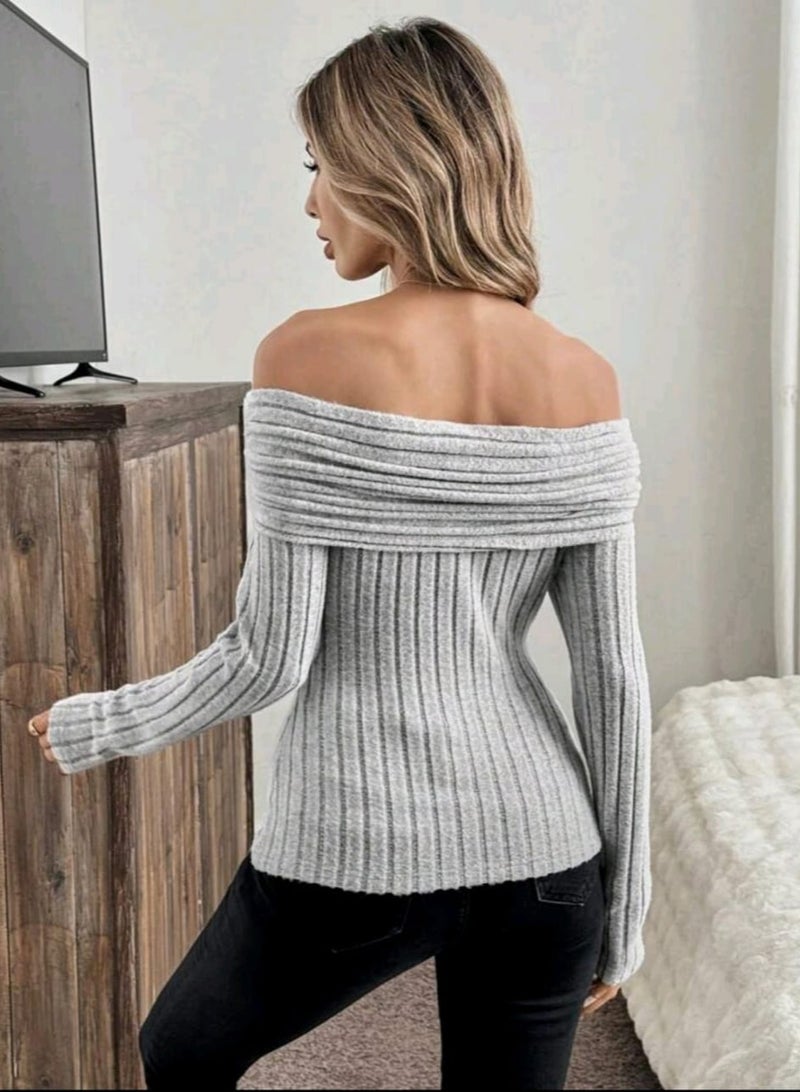 توب شى ان للنساء باكمام كتف مفتوح رمادى - Image 4