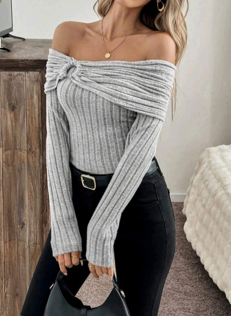 توب شى ان للنساء باكمام كتف مفتوح رمادى - Image 5
