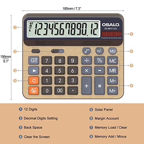 Pendancy Desktop Calculator Extra Large 5-Inch LCD Display 12-Digit Big Number Accounting Calculator with Giant Response Button, Battery & Solar Powered, Perfect for Office Business Home Daily Use(6815GN-2pcs) - Image 5