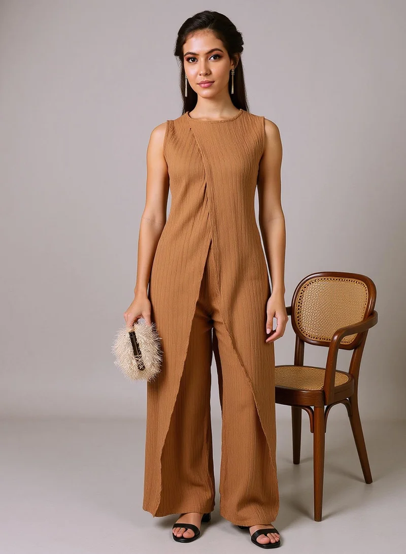 QISSA Qissa Women's Camel Beige Textured Wrap Kurta With Trousers For Ethnic Wear | Round Neck, Sleeveless | Solid Textured Fabric | 2 Piece Kurta Set Designed For Casual & Evening Wear