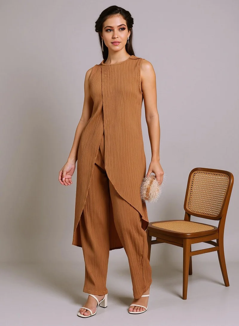 QISSA Qissa Women's Camel Beige Textured Wrap Kurta With Trousers For Ethnic Wear | Round Neck, Sleeveless | Solid Textured Fabric | 2 Piece Kurta Set Designed For Casual & Evening Wear
