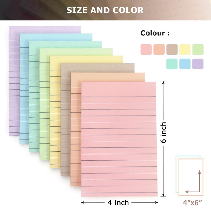 Eastern Wolf 4x6 Inch Lined Sticky Notes, 8 Pack, Light Colors, Premium Self-Adhesive Notepads, Large Sticky Pads for Office, School & Home Use, Easy to Use, Reusable & Removable - Image 3