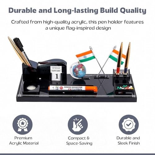 GreatDio Acrylic Flag Design Stationery Pen Stand For Office And Study Table, Black - Image 2