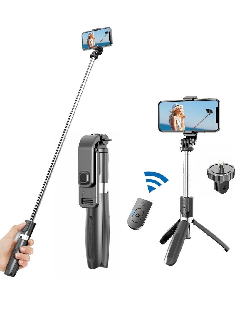 ELTRAZONE Selfie Stick, Extendable Selfie Stick with Tripod Stand and Detachable Wireless Bluetooth Remote, Ultra Compact Selfie Stick for Mobile and All Smart Phones – Black - Image 1