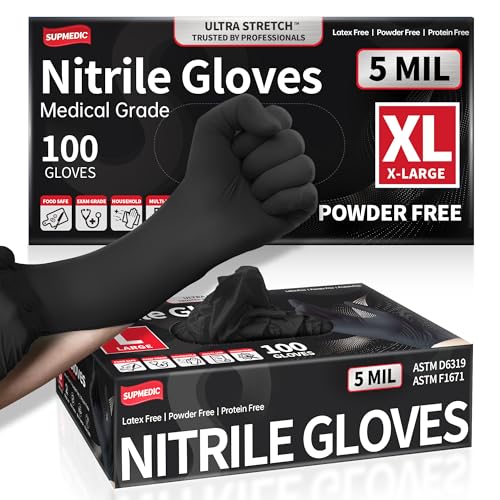 Supmedic Black Nitrile Exam Gloves, 5 Mil Chemical Resistant Powder-Free Food Safe Disposable Medical Glove 100Pcs (X-Large) - Image 1