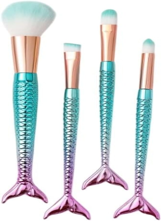 Makeup Brush Set, 4 Pieces, High-Quality Synthetic Mermaid Makeup Brushes for Concealer Fans, Cute Cosmetic Brush Collection (Colour: RANDOM)