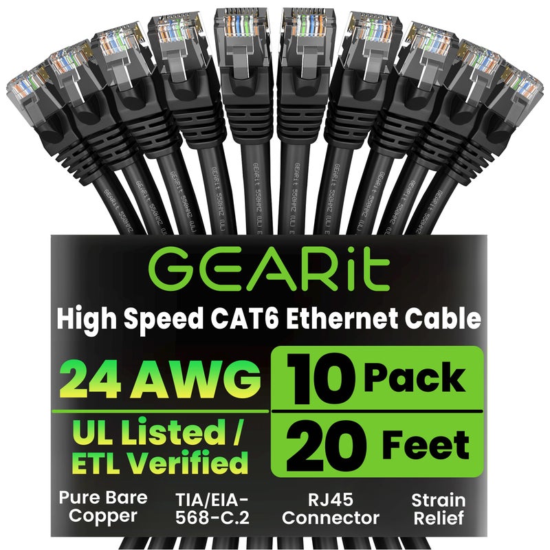 GEARit Cat 6 Ethernet Cable Pack - 10-Pack 20 ft Cat6 Ethernet Patch Cables | RJ45 Network Patch Cable, 10 Gbps Snagless Gold-Plated Connectors - Ethernet Cable Cat 6 for PC, TV, Router - Black - Image 1