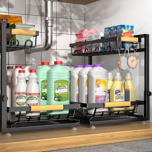 Sevenblue 2 Packs Under Sink Organizer, Height Adjustable 2 Tier Under Kitchen sink organizer, Multi-Purpose Storage Shelf for Kitchen Bathroom Cabinet (Black) - Image 1