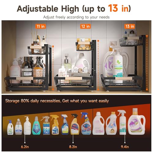 Sevenblue 2 Packs Under Sink Organizer, Height Adjustable 2 Tier Under Kitchen sink organizer, Multi-Purpose Storage Shelf for Kitchen Bathroom Cabinet (Black) - Image 2