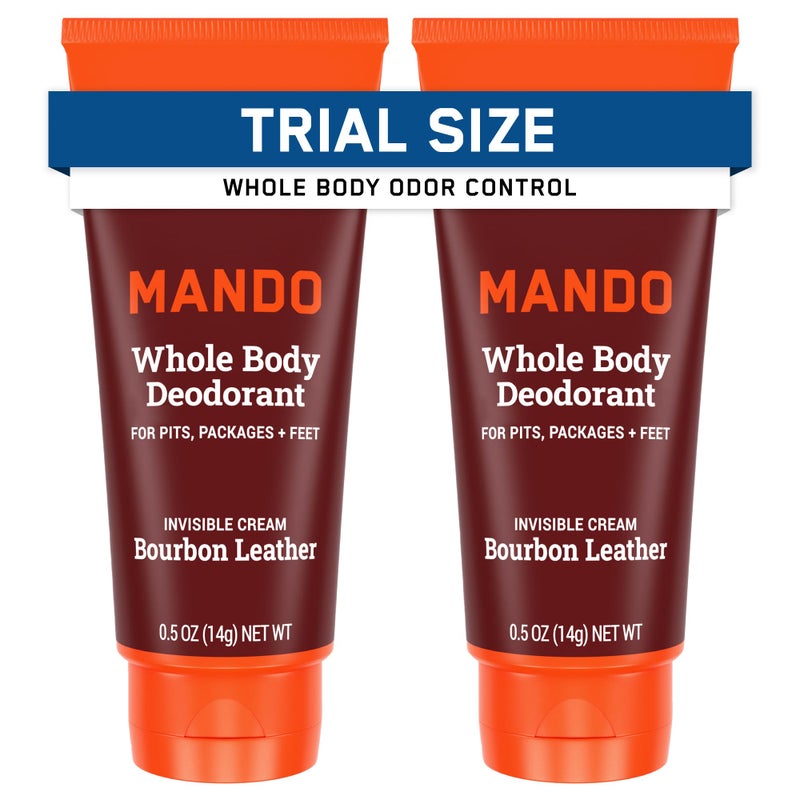 Mando Whole Body Deodorant  Mini Travel Size Invisible Cream Tube  72 Hour Odor Control  Aluminum and Baking Soda Free Skin Safe  5 oz Pack of 2 Bourbon Leather