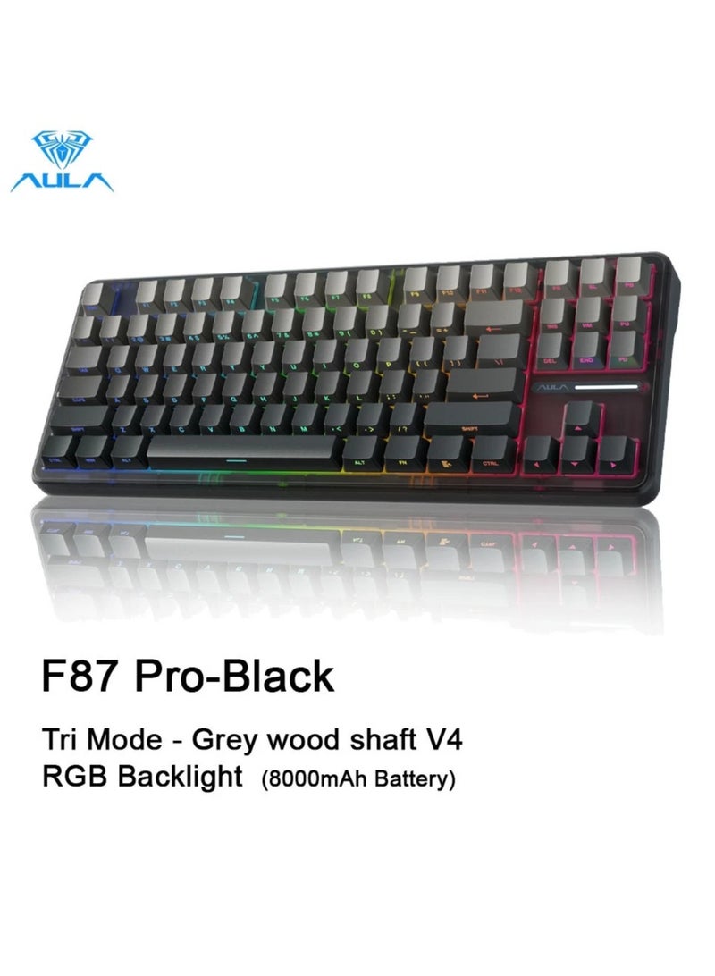 AULA F87pro 87Keys Tri-Mode Mechanical Keyboard RGB Hot-Swap Wireless Customized Keyboard Wired/2.4G/Bluetooth Side Engraved Keycaps Support Driver Software Grey Wood Switch V4 - Image 1