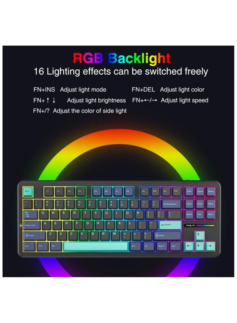 AULA F87pro 87Keys Tri-Mode Mechanical Keyboard RGB Hot-Swap Wireless Customized Keyboard Wired/2.4G/Bluetooth Side Engraved Keycaps Support Driver Software Grey Wood Switch V4 - Image 3