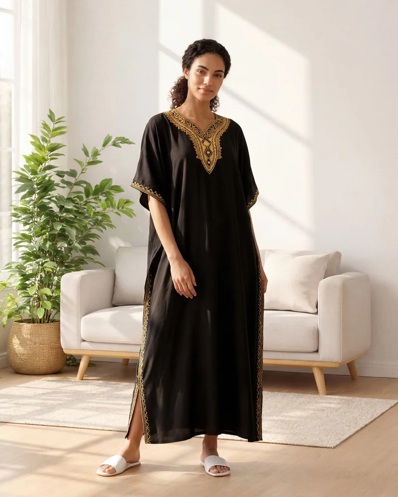 ردتاغ Women Black Kaftan Style Jallabiya With Embroidery