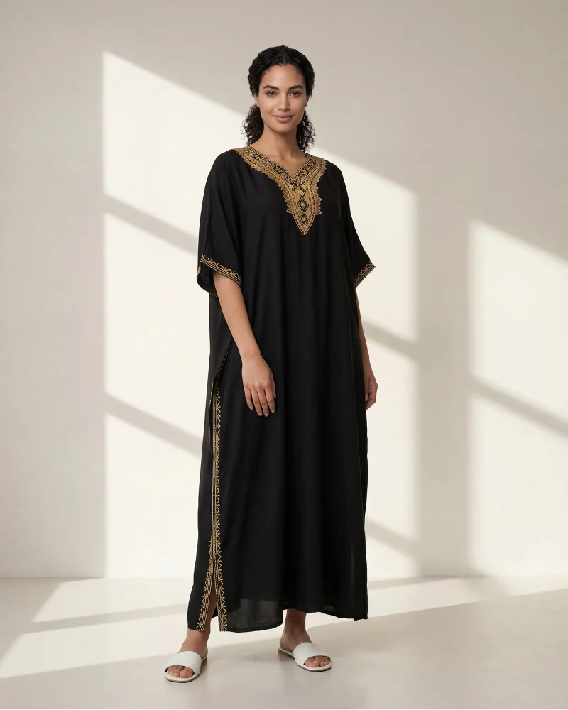 ردتاغ Women Black Kaftan Style Jallabiya With Embroidery