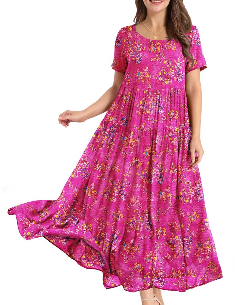 YESNO Women Casual Loose Bohemian Floral Dress with Pockets Short Sleeve Long Maxi Summer Beach Swing Dress L EJF CR26 Pink - Image 1