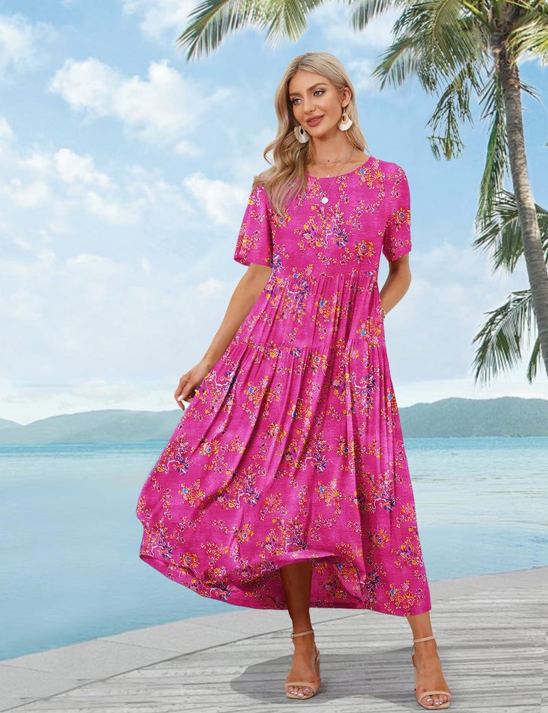 YESNO Women Casual Loose Bohemian Floral Dress with Pockets Short Sleeve Long Maxi Summer Beach Swing Dress L EJF CR26 Pink - Image 2