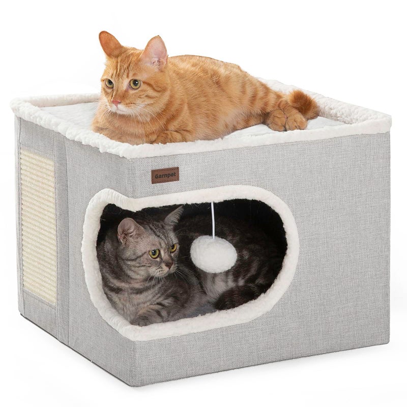 Garnpet Cat Bed for Indoor Cats Cube House, Covered Cat Cave Beds & Furniture with Scratch Pad and Hideaway Tent, Cute Modern Cat Condo for Multi Small Pet Large Kitten Kitty, Grey - Image 1