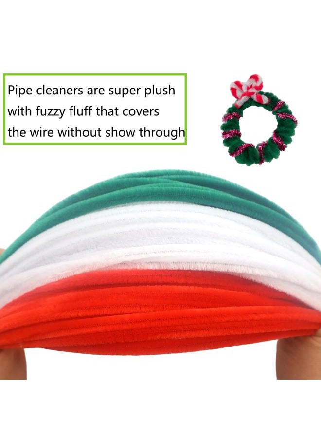 Swpohrat 300 Pieces Pipe Cleaner Craft Set Christmas Colors,Thick Fuzzy Chenille Stem Pipe Cleaners for DIY Craft Flower Projects Holiday Decorations(Red,Dark Green,White) - Image 4