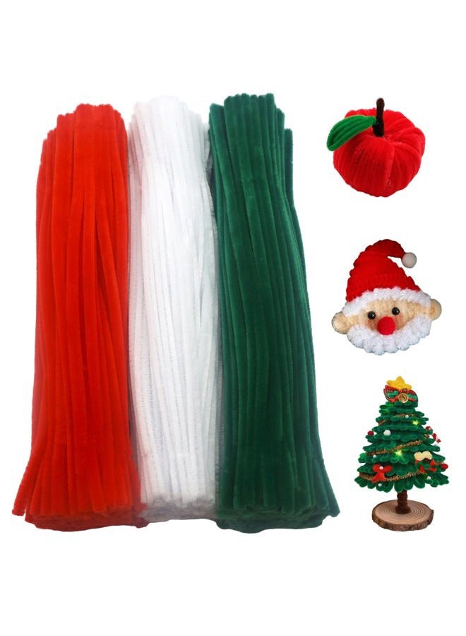 Swpohrat 300 Pieces Pipe Cleaner Craft Set Christmas Colors,Thick Fuzzy Chenille Stem Pipe Cleaners for DIY Craft Flower Projects Holiday Decorations(Red,Dark Green,White) - Image 1