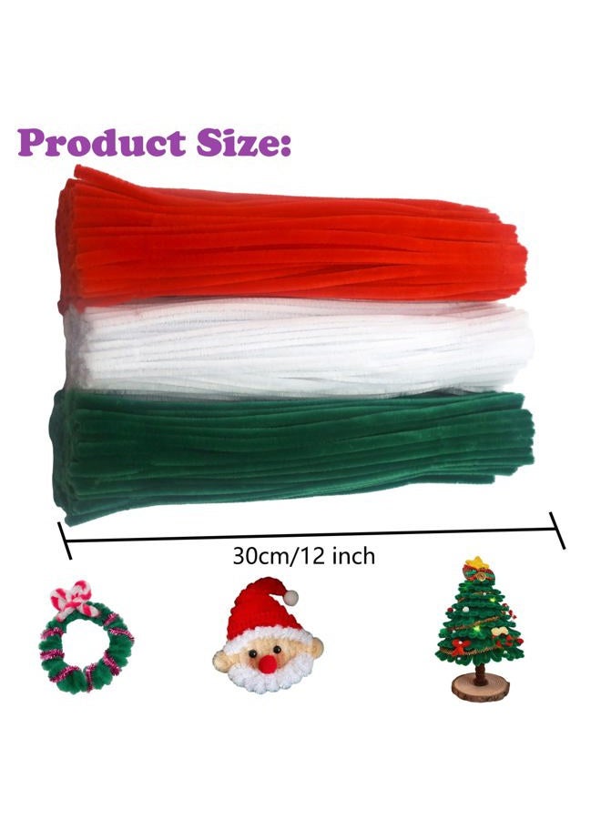 Swpohrat 300 Pieces Pipe Cleaner Craft Set Christmas Colors,Thick Fuzzy Chenille Stem Pipe Cleaners for DIY Craft Flower Projects Holiday Decorations(Red,Dark Green,White) - Image 3