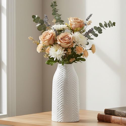 hjn White Vase for Flowers Ceramic Vase for Decor, Modern Decorative Tall Vases for Your Kitchen/Office/Living Room/Bookshelf/Mantel - White Texture(Medium - Image 1