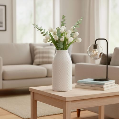 hjn White Vase for Flowers Ceramic Vase for Decor, Modern Decorative Tall Vases for Your Kitchen/Office/Living Room/Bookshelf/Mantel - White Texture(Medium - Image 4