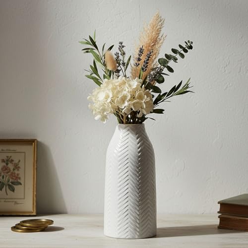 hjn White Vase for Flowers Ceramic Vase for Decor, Modern Decorative Tall Vases for Your Kitchen/Office/Living Room/Bookshelf/Mantel - White Texture(Medium - Image 3