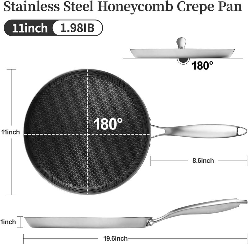 Innerwell Stainless Steel Crepe Pan - 11inch Nonstick Crepe Pan, Stainless Steel Honeycomb Coating Pancake Pan, Non Stick Flat Skillet Tawa Dosa Tortilla Griddle Pan, Induction Compatible, PFOA Free - Image 5