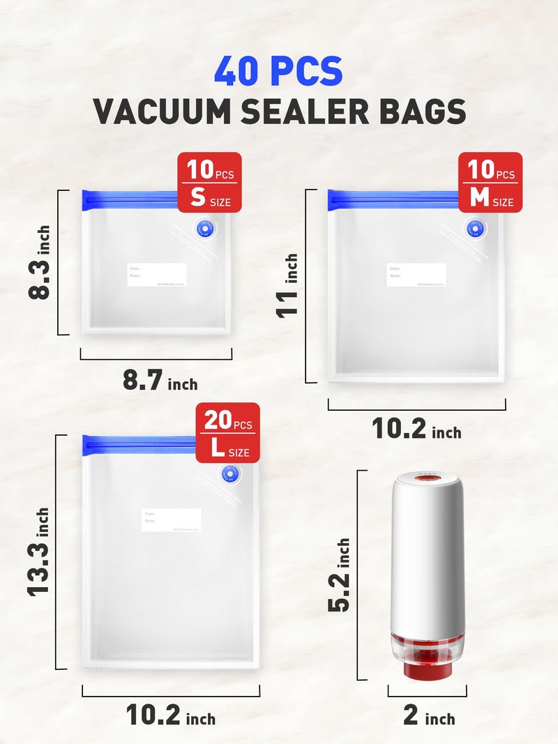 ZABINS Portable Vacuum Sealer Set, Compact Handheld Vacuum Sealer Machine + 40 Pcs Reusable Vacuum Bags for Food Storage, Sous Vide Cooking, Freezer, Microwave Heating - Image 2