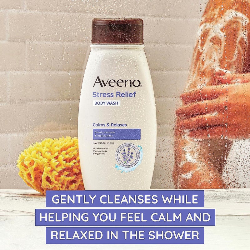Aveeno Stress Relief Body Wash with Nourishing Oat & Lavender Scent for Sensitive Skin, Gently Cleanses & Helps You Feel Calm & Relaxed in the Shower, Soap-Free, 12 fl. oz - Image 3