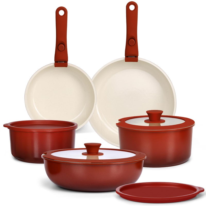 GIPP 11PCS Ceramic Pots and Pans Set Non Stick, Nonstick Cookware Set Detachable Handle, Red Black Gradien Pots and Pans Induction Kitchen Cooking Sets, RV Cookware Sets for All Stoves - Image 1