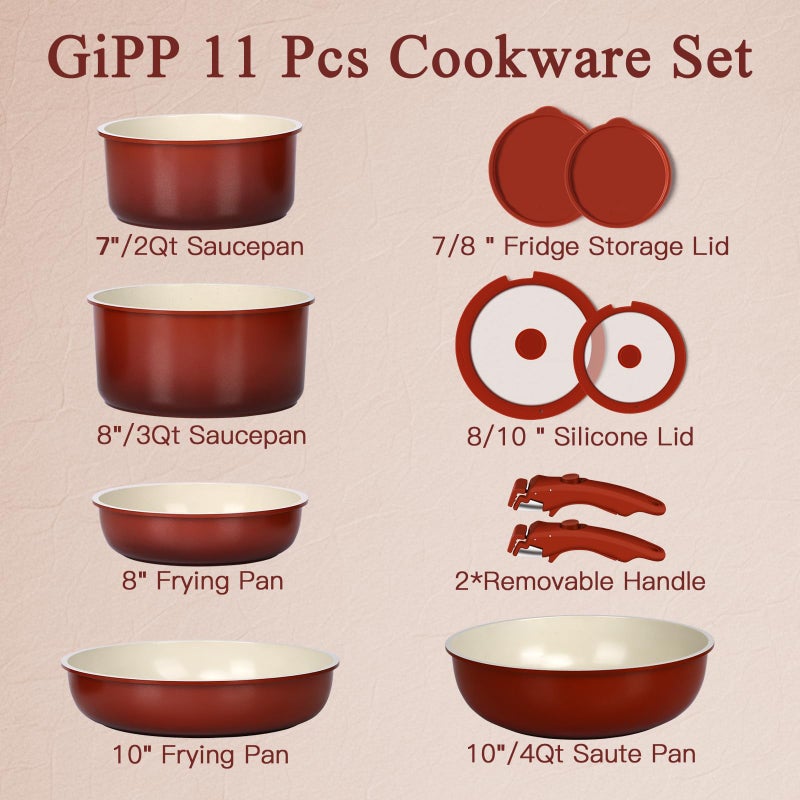 GIPP 11PCS Ceramic Pots and Pans Set Non Stick, Nonstick Cookware Set Detachable Handle, Red Black Gradien Pots and Pans Induction Kitchen Cooking Sets, RV Cookware Sets for All Stoves - Image 3