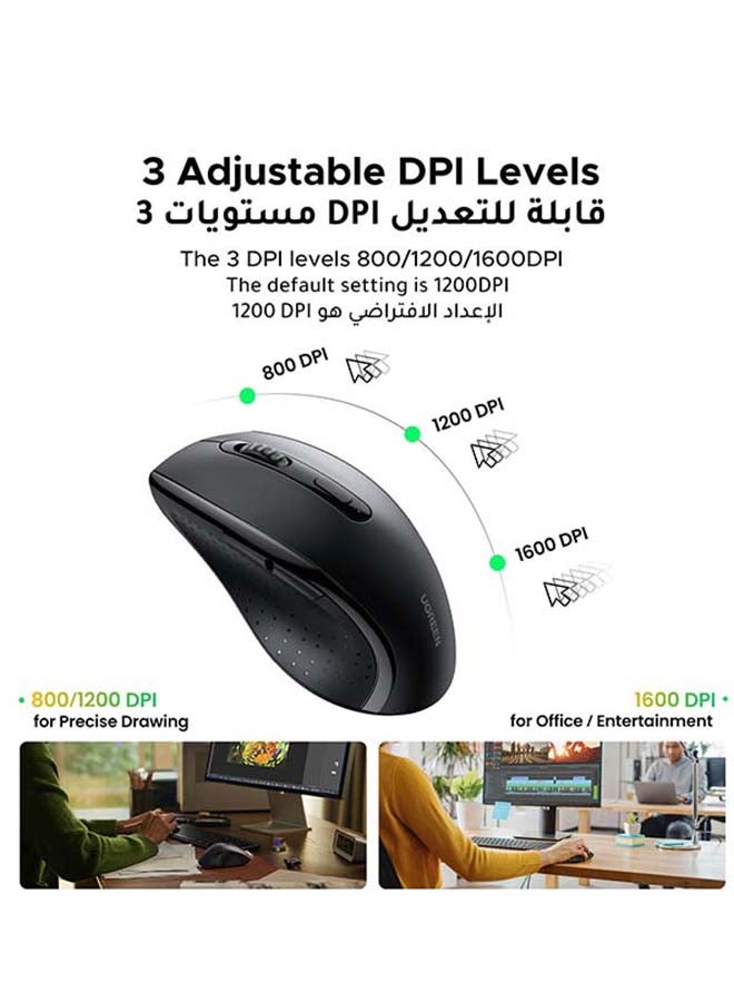 يو جرين ماوس لاسلكي USB 2.4 جيجا هرتز، نطاق 15 متر، فارة بصري مريح، بطاريتان AAA متضمنة، 3 DPI قابل للتعديل، بحد أقصى 1600 نقاط في البوصة، 6 أزرار، ماوس كمبيوتر، توافق واسع، نقرة صامتة، تمرير سلس، مكتب ،محمول - Image 5