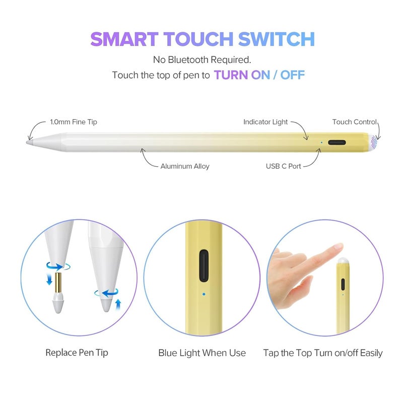 JAMJAKE قلم ستايلس لجهاز آيباد من الجيل 6 إلى 11 - شحن سريع 2X قلم نشط متوافق مع آيباد برو 11"/12.9"/M4، آيباد إير 3/4/5/M2/M3، آيباد ميني 5/6 - أبيض أصفر - Image 5
