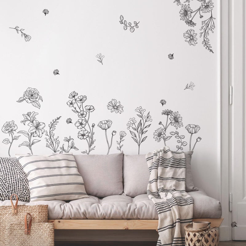Decvictor Retro Sketch Wildflower Wall Stickers, 15 Sheets Garden Floral Wall Decals DIY Peel and Stick Wall Decal Self Adhesive Wall Art Decor for Bedroom Office Sofa TV Backdrop - Image 3