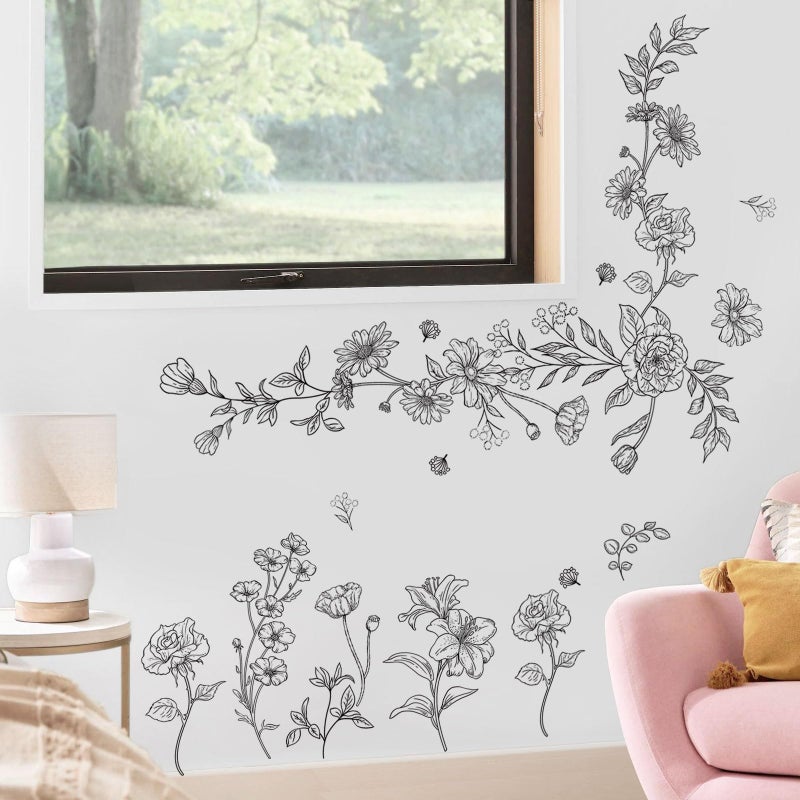 Decvictor Retro Sketch Wildflower Wall Stickers, 15 Sheets Garden Floral Wall Decals DIY Peel and Stick Wall Decal Self Adhesive Wall Art Decor for Bedroom Office Sofa TV Backdrop - Image 5