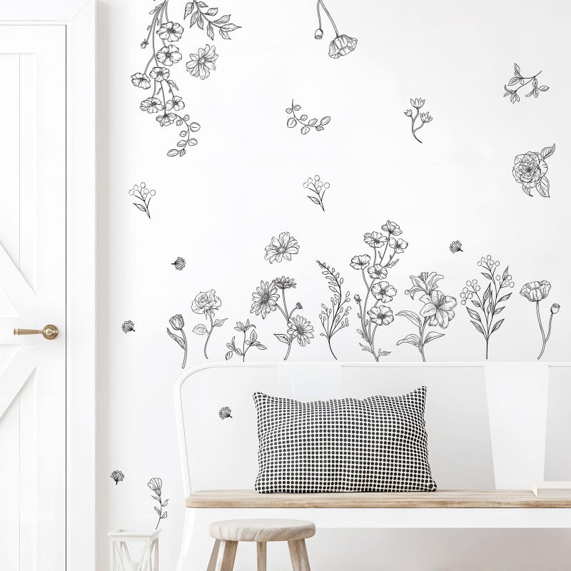 Decvictor Retro Sketch Wildflower Wall Stickers, 15 Sheets Garden Floral Wall Decals DIY Peel and Stick Wall Decal Self Adhesive Wall Art Decor for Bedroom Office Sofa TV Backdrop - Image 4