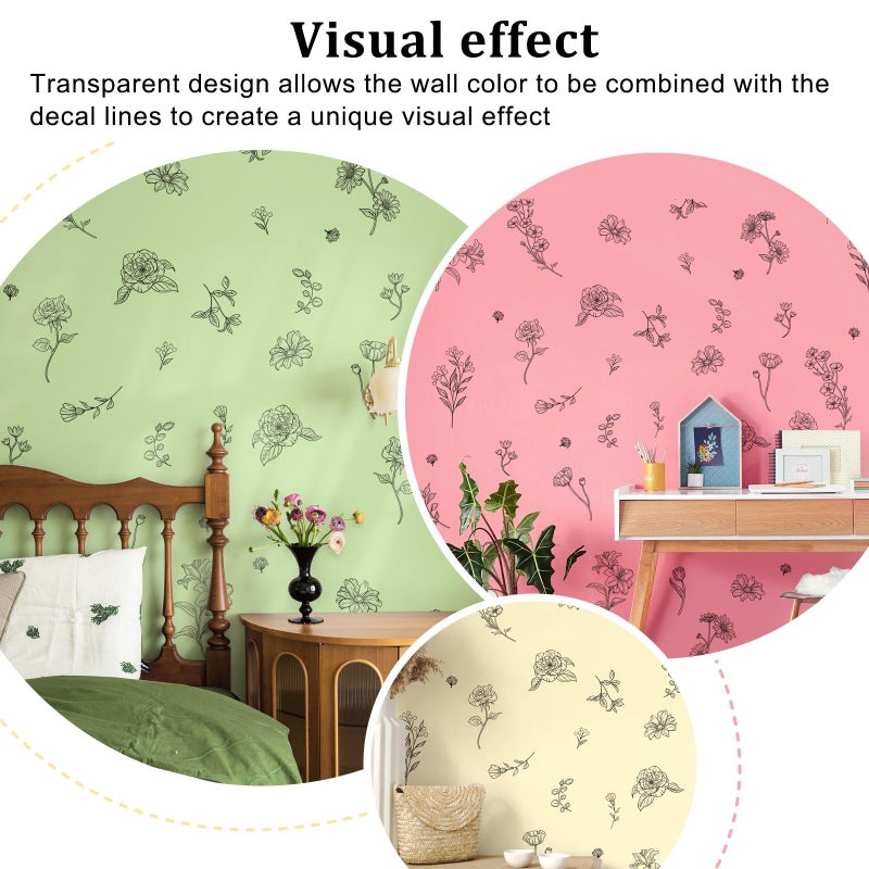 Decvictor Retro Sketch Wildflower Wall Stickers, 15 Sheets Garden Floral Wall Decals DIY Peel and Stick Wall Decal Self Adhesive Wall Art Decor for Bedroom Office Sofa TV Backdrop - Image 2