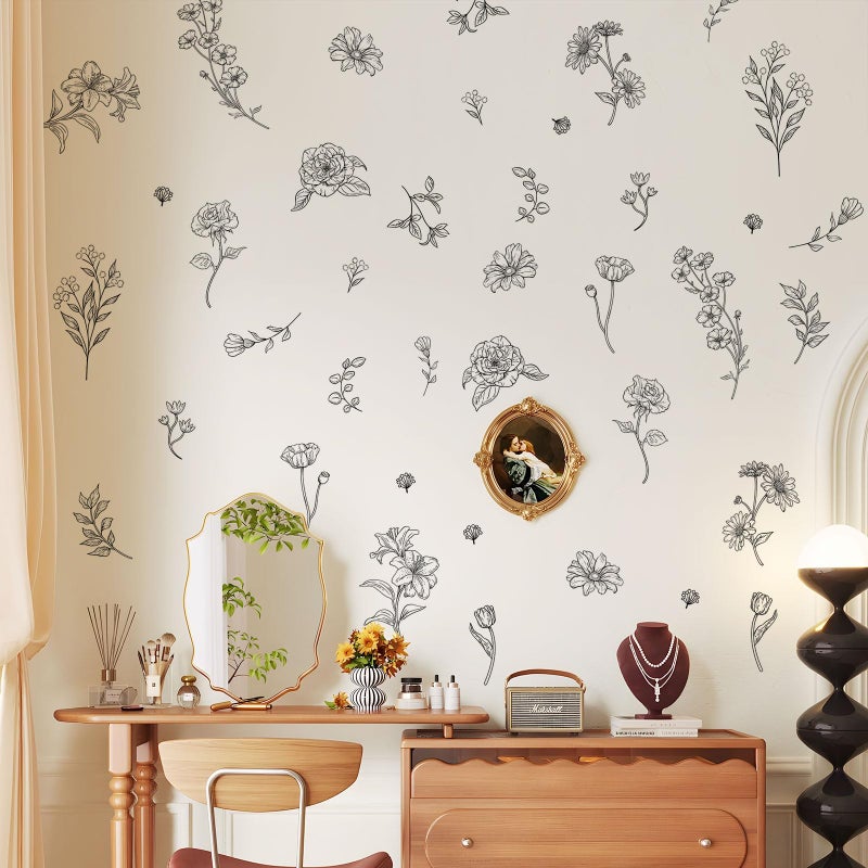 Decvictor Retro Sketch Wildflower Wall Stickers, 15 Sheets Garden Floral Wall Decals DIY Peel and Stick Wall Decal Self Adhesive Wall Art Decor for Bedroom Office Sofa TV Backdrop - Image 1