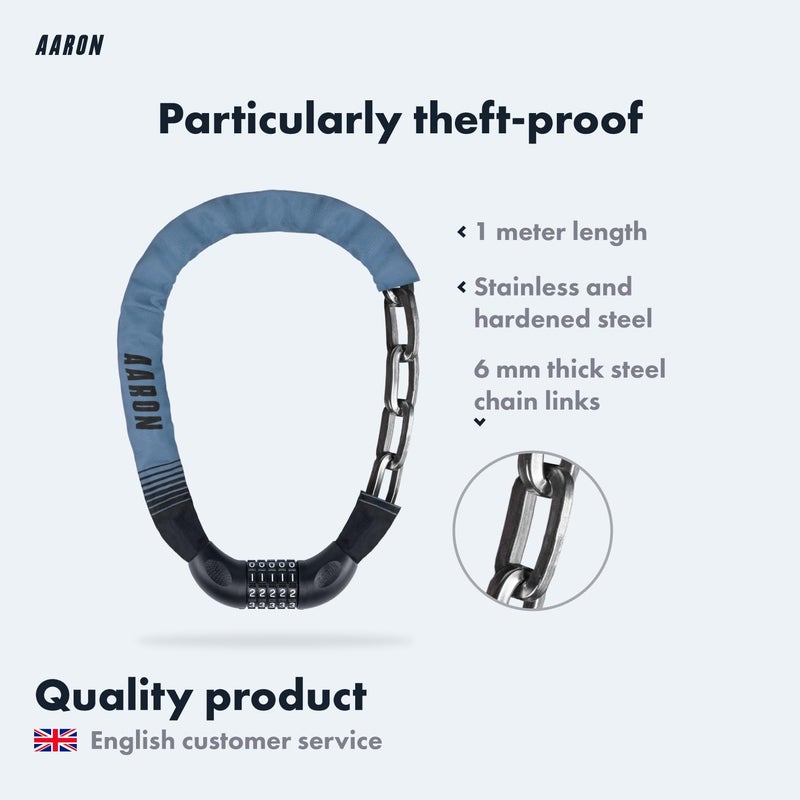 AARON Lock One Bicycle Lock with 5-Digit Combination Code, Steel Chain Lock and High Security Level Lock for E-Bike, Mountain Bike, Trekking Bike, Touring Bike, Road Bike in Grey/Blue - Image 2