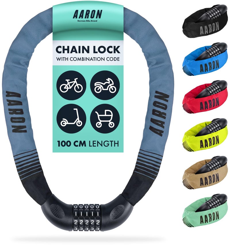 AARON Lock One Bicycle Lock with 5-Digit Combination Code, Steel Chain Lock and High Security Level Lock for E-Bike, Mountain Bike, Trekking Bike, Touring Bike, Road Bike in Grey/Blue - Image 1
