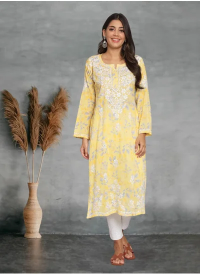 Alaya Hand Embroidered Chikan Printed Mulmul Straight Kurta-AL3680