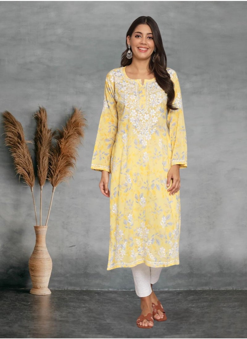 Alaya - Hand Embroidered Chikan Printed Mulmul Straight Kurta-AL3680 - Image 1
