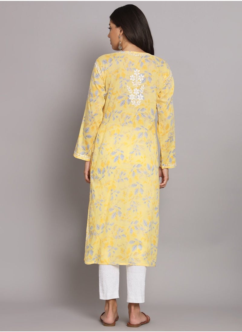 Alaya - Hand Embroidered Chikan Printed Mulmul Straight Kurta-AL3680 - Image 1