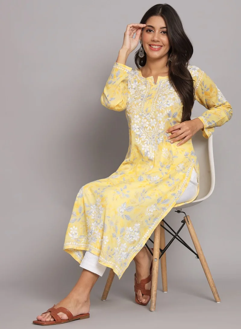 Alaya Hand Embroidered Chikan Printed Mulmul Straight Kurta-AL3680