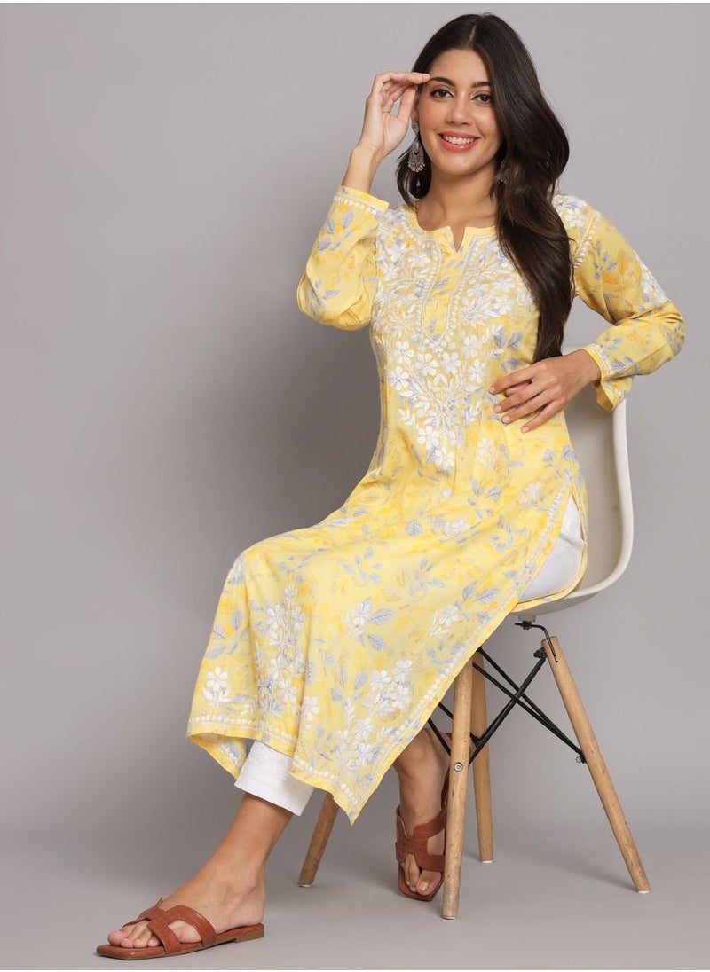 Alaya - Hand Embroidered Chikan Printed Mulmul Straight Kurta-AL3680 - Image 1
