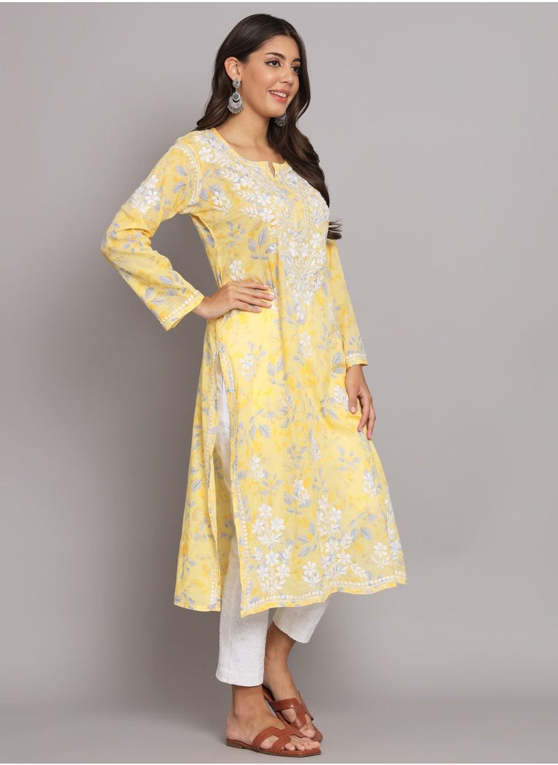 Alaya - Hand Embroidered Chikan Printed Mulmul Straight Kurta-AL3680 - Image 1