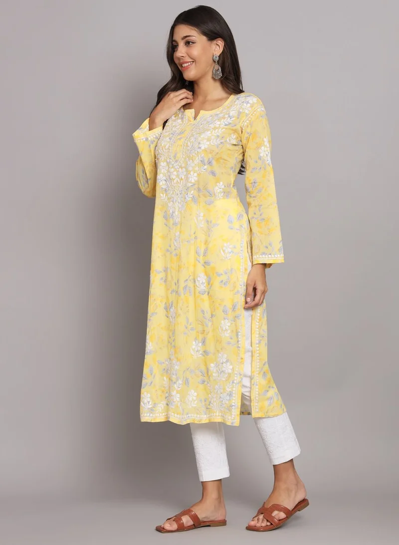 Alaya Hand Embroidered Chikan Printed Mulmul Straight Kurta-AL3680