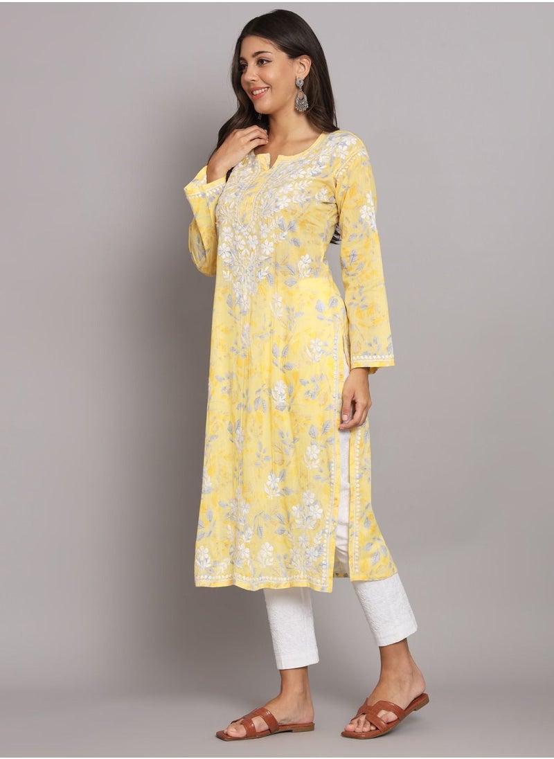 Alaya - Hand Embroidered Chikan Printed Mulmul Straight Kurta-AL3680 - Image 1